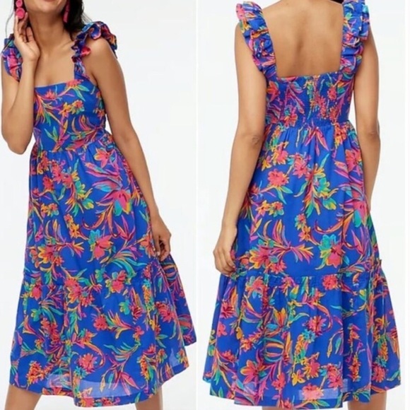 J.Crew Square Neck Midi Dress Blue Tropical Floral Resort - Picture 3 of 11